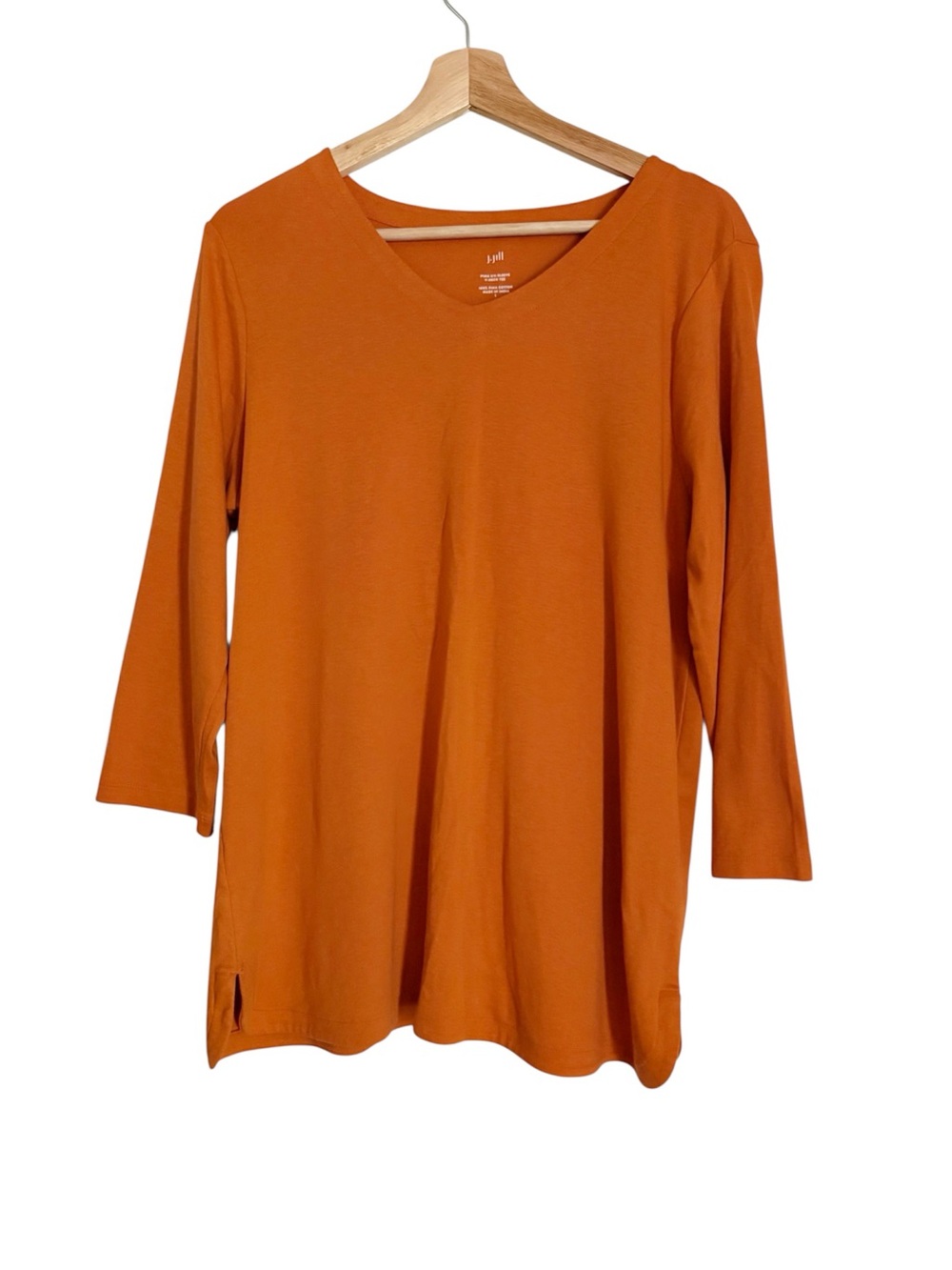 🍁 J.Jill Pima 3/4 Cotton V-Neck Sleeve Tee, Large, 100% Pima Cotton